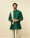 alt message - Manyavar Men Forest Green and Cream Zari Detailed Traditional South Indian Dhoti Set image number 0